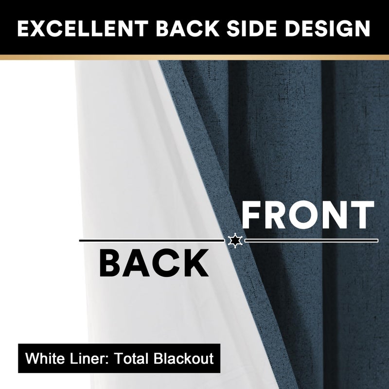 PrinceDeco Primitive Textured Linen 100% Blackout Curtains for Bedroom/Living Room Energy Saving Window Treatment Curtain Drapes, Burlap Fabric with White Thermal Insulated Liner (52 x 96 Inch, Navy) - Image 5